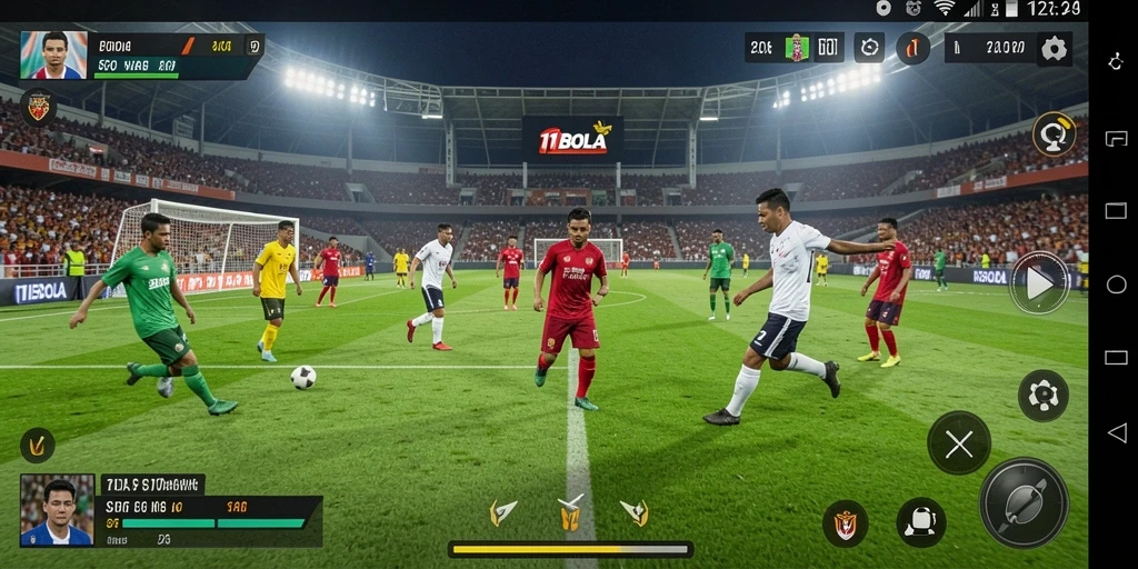 Screenshot utama 11BOLA menampilkan serunya gameplay manajerial sepak bola.