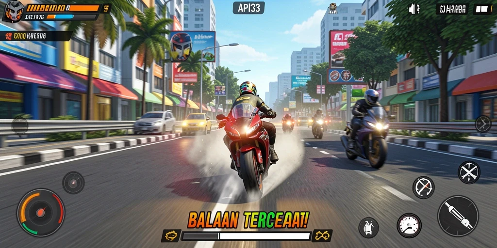 Tangkapan layar utama API33 menampilkan balapan motor yang seru dan mendebarkan.