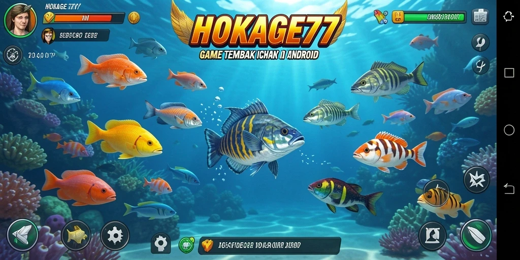 Tampilan gameplay HOKAGE77 saat menembak ikan-ikan berwarna-warni.