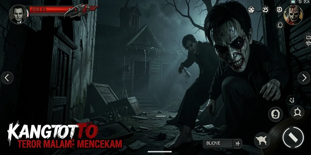 Screenshot gameplay KANGTOTO menampilkan suasana horor yang mencekam dan menegangkan.