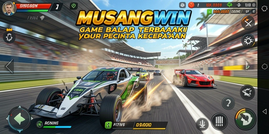 Screenshot utama MUSANGWIN menampilkan aksi balap yang mendebarkan.