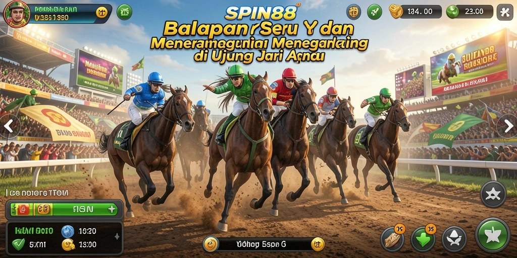 Tangkapan layar utama SPIN88 menampilkan aksi balapan menegangkan di jalur yang ramai.