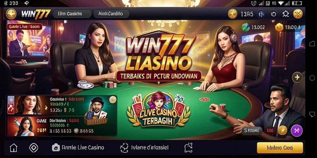 Screenshot gameplay WIN777 yang menampilkan dealer langsung dan suasana kasino.